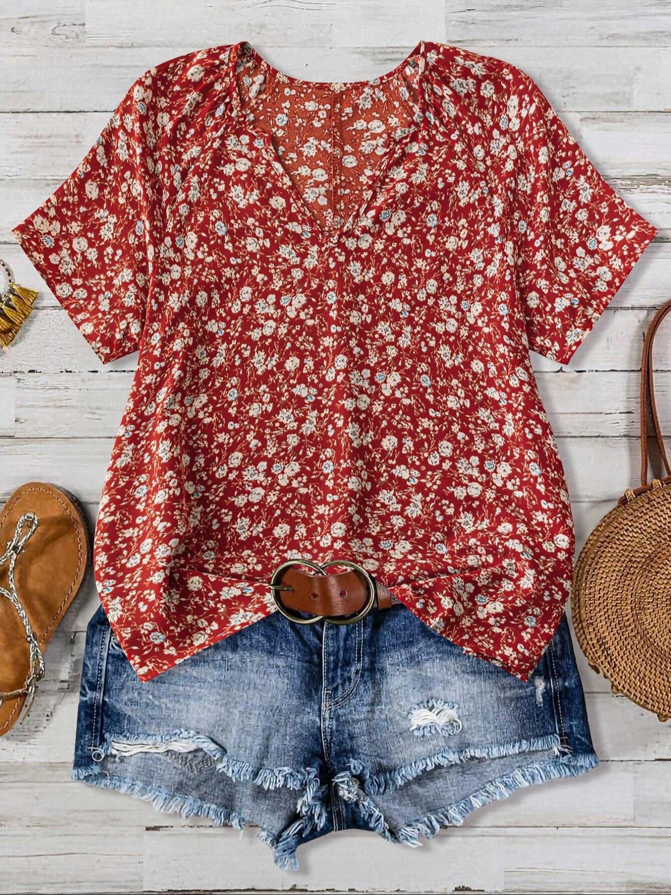 European And American Women's V-neck Short-sleeve Green Floral Casual
