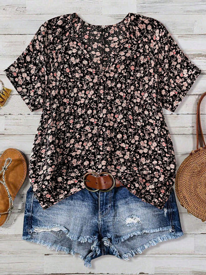 European And American Women's V-neck Short-sleeve Green Floral Casual
