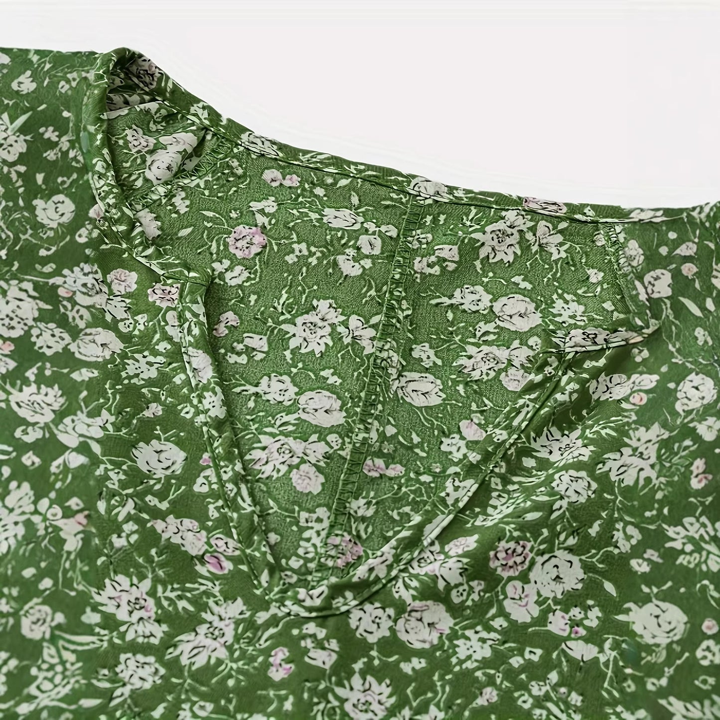European And American Women's V-neck Short-sleeve Green Floral Casual