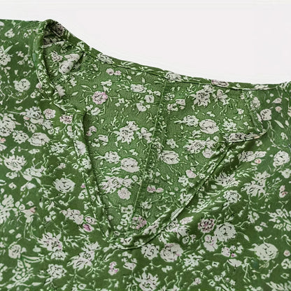 European And American Women's V-neck Short-sleeve Green Floral Casual