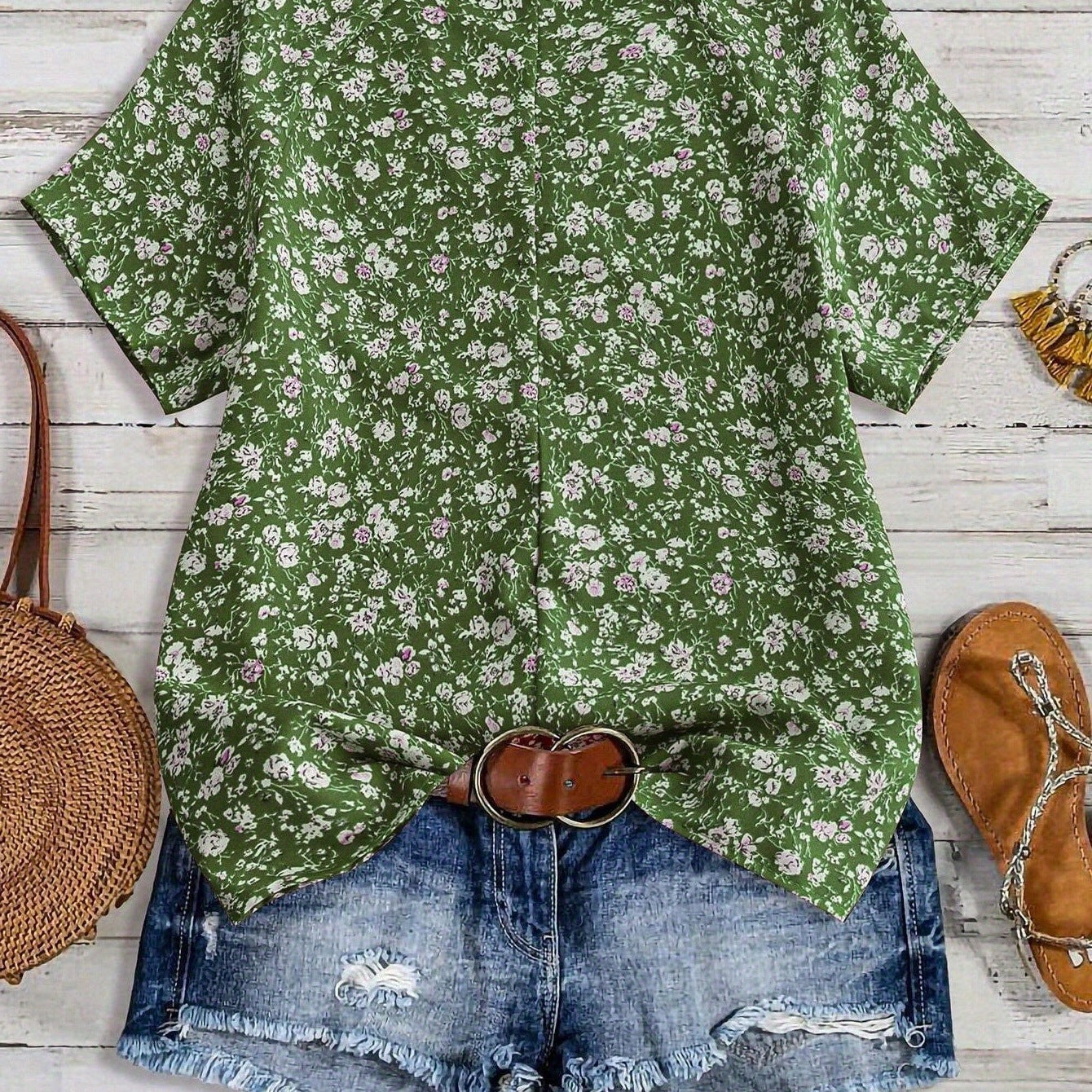European And American Women's V-neck Short-sleeve Green Floral Casual