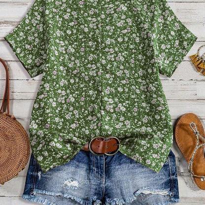 European And American Women's V-neck Short-sleeve Green Floral Casual