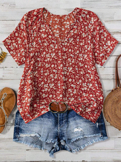 European And American Women's V-neck Short-sleeve Green Floral Casual