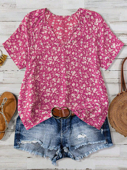 European And American Women's V-neck Short-sleeve Green Floral Casual