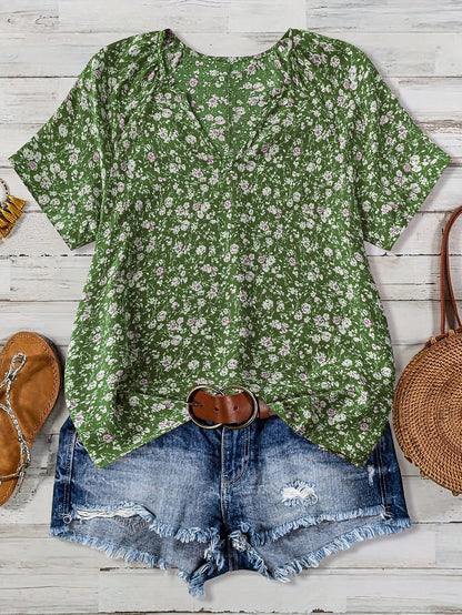 European And American Women's V-neck Short-sleeve Green Floral Casual