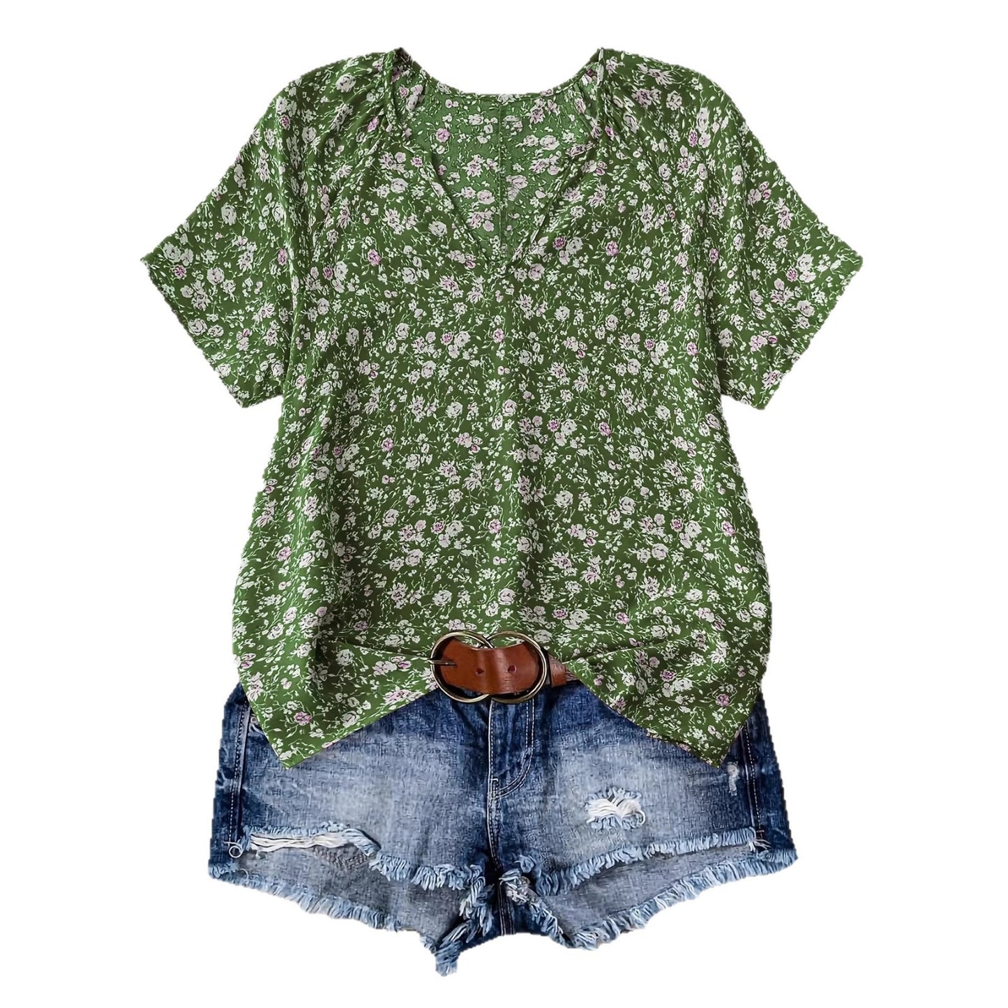 European And American Women's V-neck Short-sleeve Green Floral Casual
