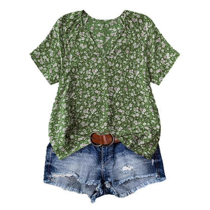 European And American Women's V-neck Short-sleeve Green Floral Casual