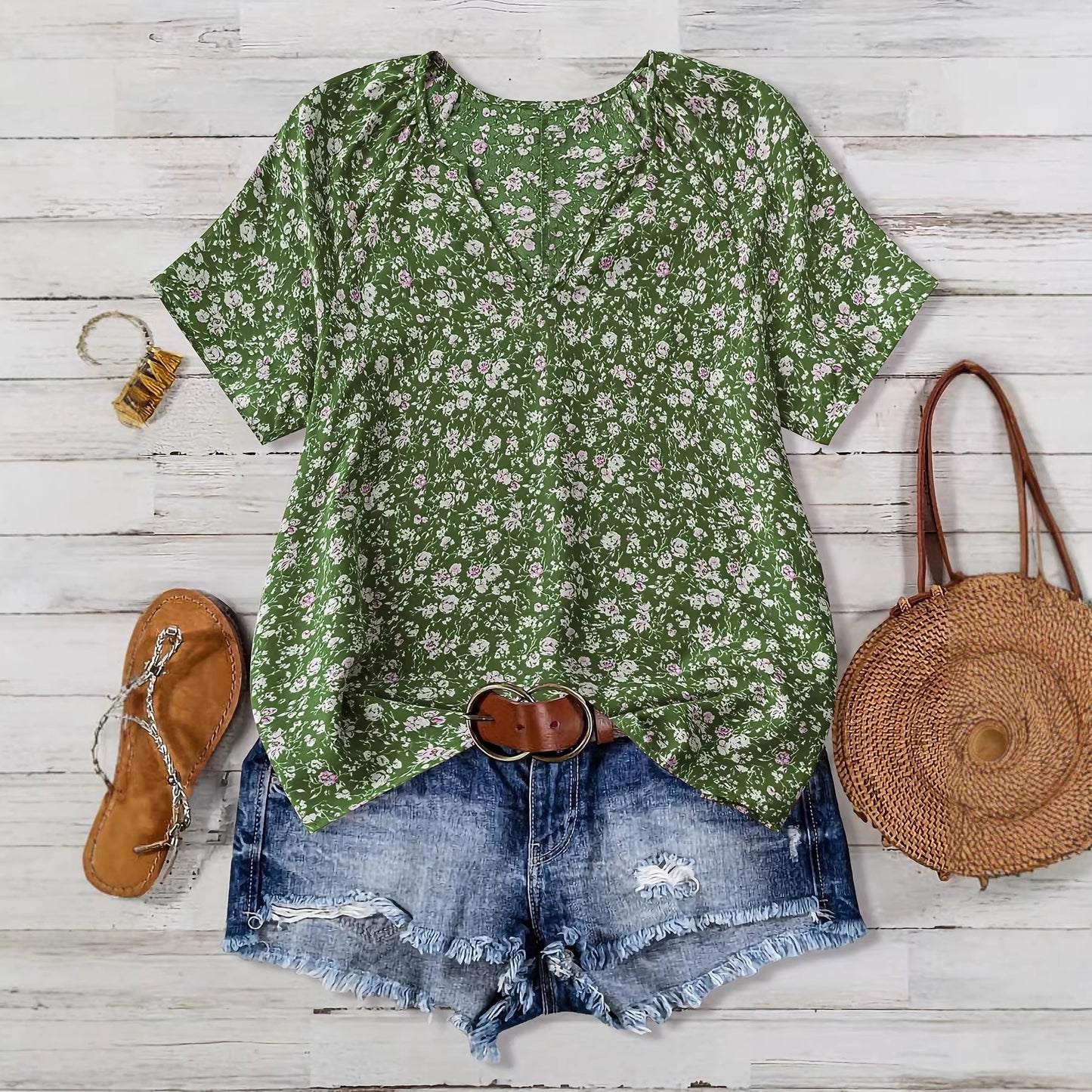 European And American Women's V-neck Short-sleeve Green Floral Casual
