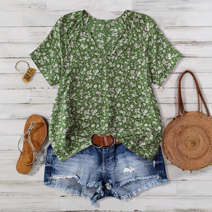 European And American Women's V-neck Short-sleeve Green Floral Casual
